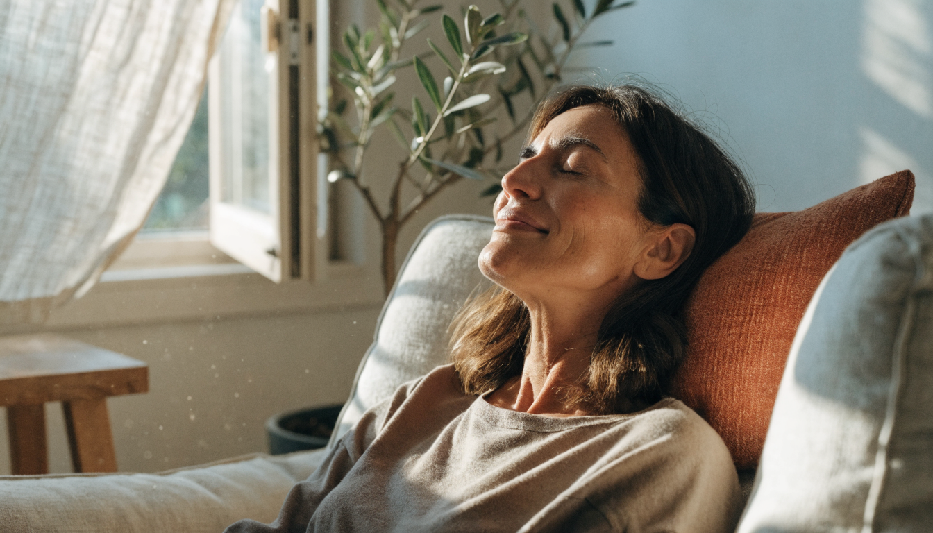 Visuel lifestyle — personne respirant calmement, lumière naturelle, ambiance sereine, aucun produit visible