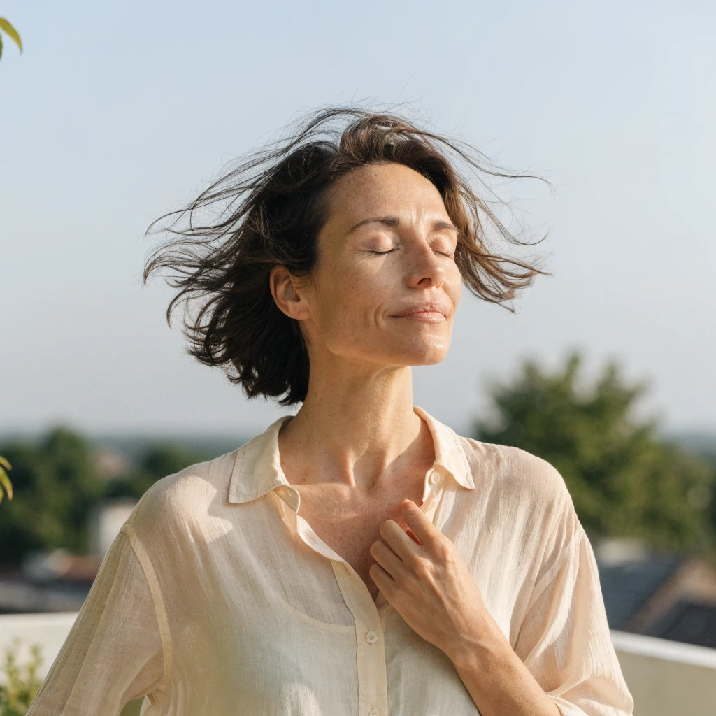 Grande photo lifestyle plein écran — sérénité, lumière naturelle, ambiance premium et émotionnelle